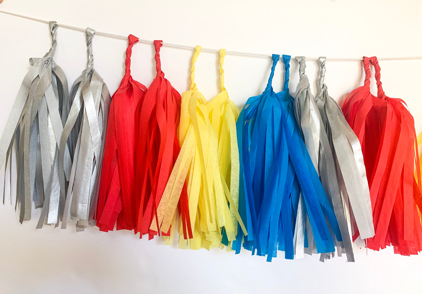 Tissue Tassel Garland Kit- Metallic Silver, Red, Yellow, Blue